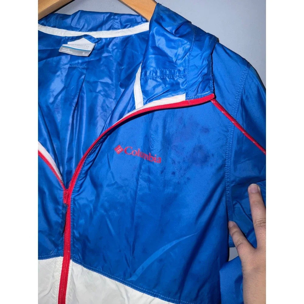 Columbia Sportswear Blue White Colorblock Full Zip Hooded Windbreaker Jacket S